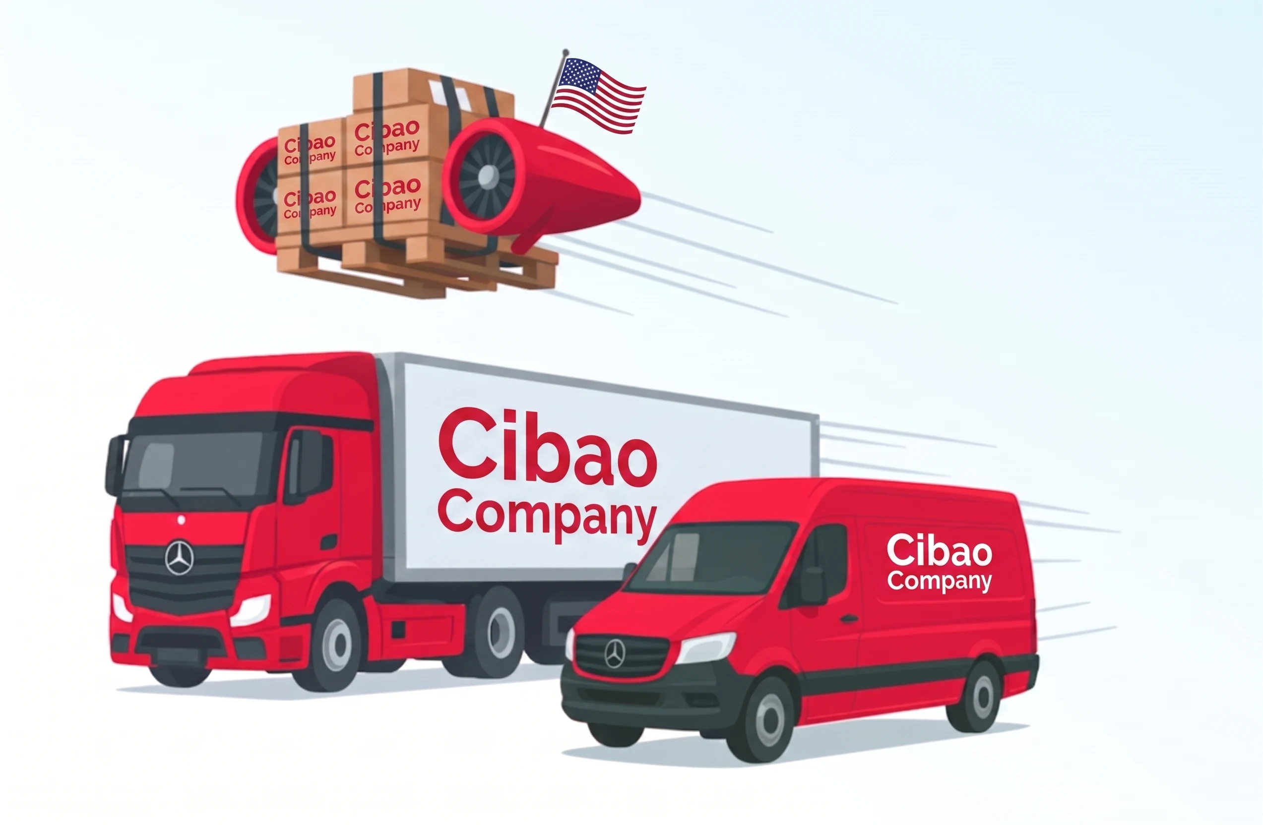 Stylized Cibao Company freight illustration with red commercial vehicles and palletized cargo